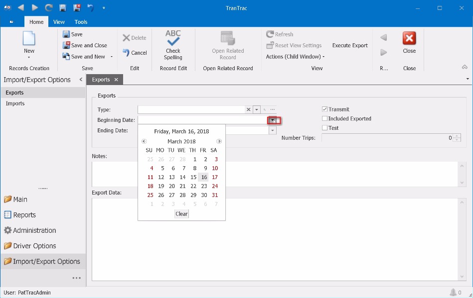 Range of Trips to Export;1. Enter the Beginning Date of the Trips you wish to Export. 2. Enter the Ending Date of the Trips you wish to Export. Each export with require Beginning and Ending Date range.