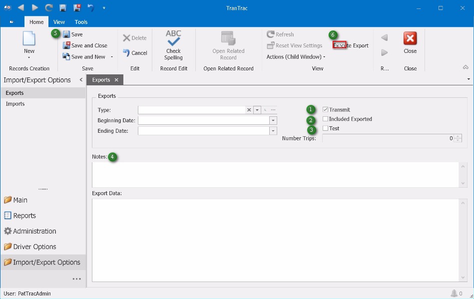 Select Export Options;1. Check the Transmit checkbox to have the file automatically sent. 2. Check the Include Exported checkbox to include those Trips that were previously Exported. 3. Check the Test checkbox to prevent the routine from flagging the Trips as Exported. 4. Type in any Notes you may want to include for historical purposes. 5. Save the Export by clicking the Save button on the RibbonBar. 6. Click the Execute Export on the RibbonBar to create the properly formated Trips.