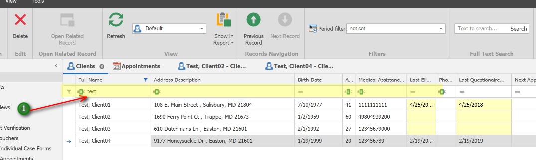How to Seach for a Client Record;1. Use the Auto-filter row (highlighted) to search any column or combination of columns. Simply type text into the empty space.
** If the Auto-filter row is not visible, right-click any column header and select “Show Auto-filter Row”