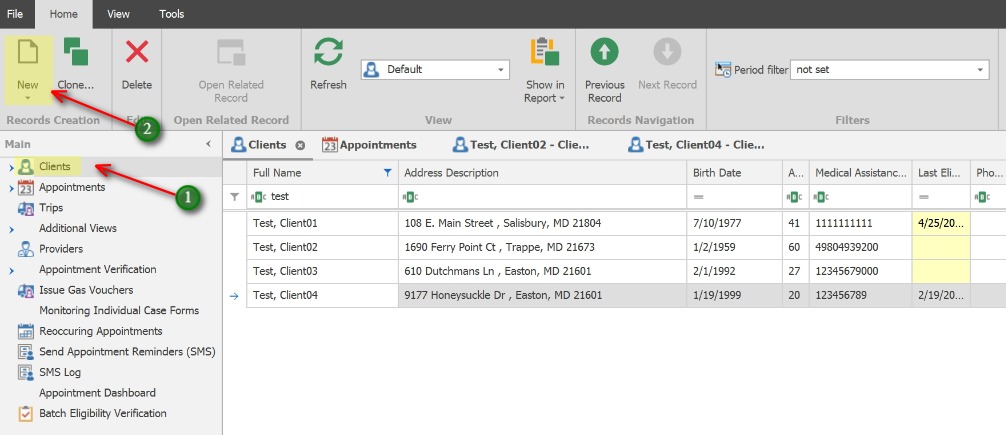 How to add a new Client record;1. Click on Clients in the left Navigation panel to open the Clients view.
            2. Click the New icon to add a new Client record.