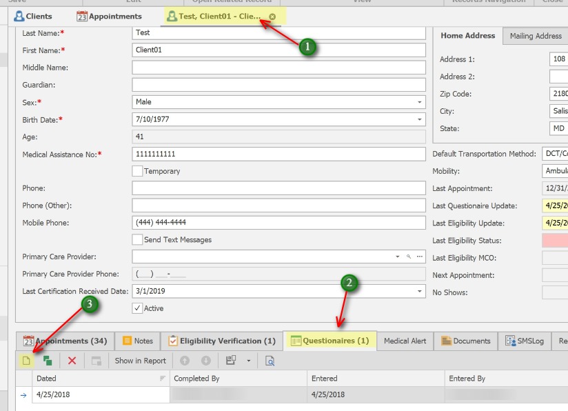 Add a new Questionaire;1. Open the Client record
            2. Click the Questionaires tab
            3. Click the New icon to create a new Questionaire