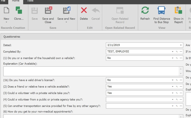 Complete the Questionaire;Complete all questions as applicable, Click Save  and Close to close the screen.