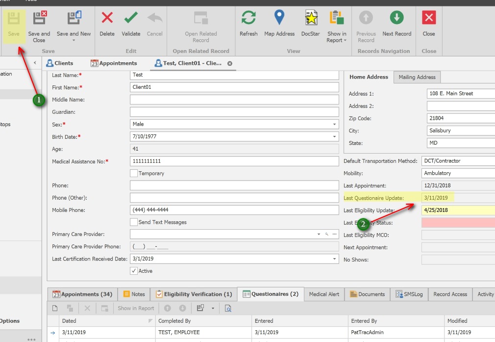 Save the Client record;1. After closing the Questionaire screen, Click the Save button to Save the client record.
            2. The client's Last Questionaire Update will populate automatically with the most recent date.