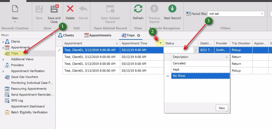 Update Multiple Trips;This option allows for updating multiple trips, for multiple clients in the Trips List View
            1. Open Trips in the left Navigation panel.
            2. Use the Filter button to select the range of appointments to update. i.e. Last Week, Last Month, etc.
            3. Click twice into the Status field (a double-click will open the trip record where the status can also be updated).  Select the Status.