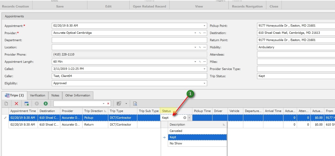 Update the Trip records;1. Click twice in the Status column to update each trip leg with the appropriate option.
            (Double-clicking the trip record will open the record, the status can also be updated here)
            