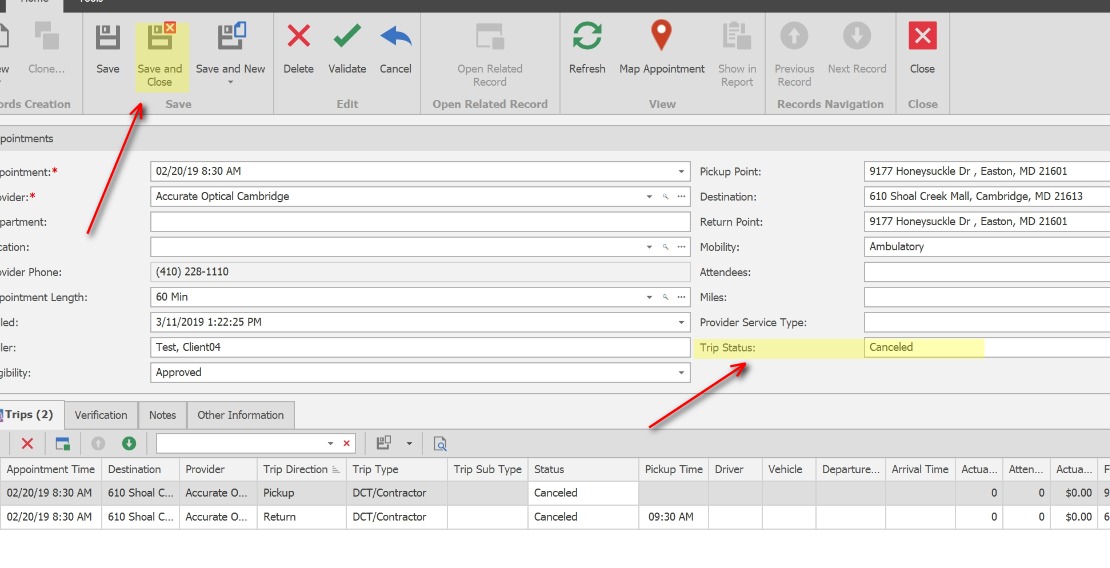 ;After updating the Status in the Trip records, the Appointment Trip Status will automatically update.
            1. Click Save and Close to exit the Appointment screen.
            