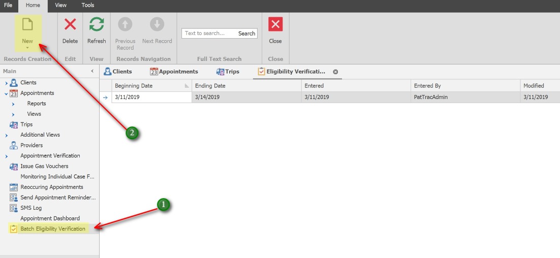Create the Batch Eligibility record;1. In the left Navigation panel, click Batch Eligibility Verification
            2. Click the New icon to create a new verification batch record.