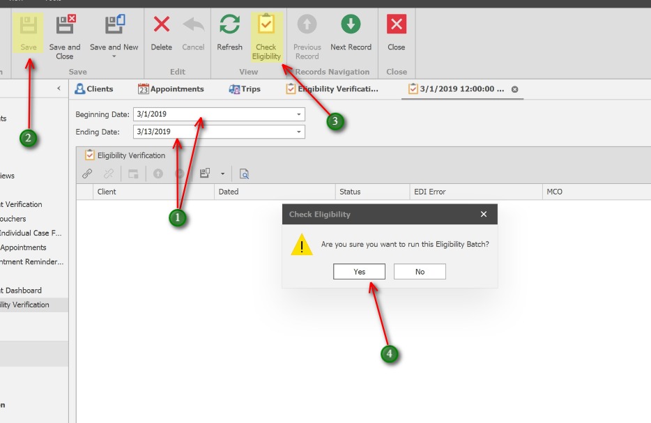 Check Eligibility;1. Enter the Beginning and Ending Dates.  These dates represent the client's next appointment date range.
            2. Click Save
            3. Click the Check Eligibility button
            4. Click Yes to the prompt.  
            TranTrac will then check eligibility for any clients with a Next Appointment Date within the date range. This could take up to several minutes depending on the date range and the number of appointments.