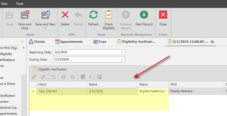;Eligibility records will display for each client with a Next Appointment date within the Beginning and Ending date range.
            Click Save and Close to exit the Eligibility record.
