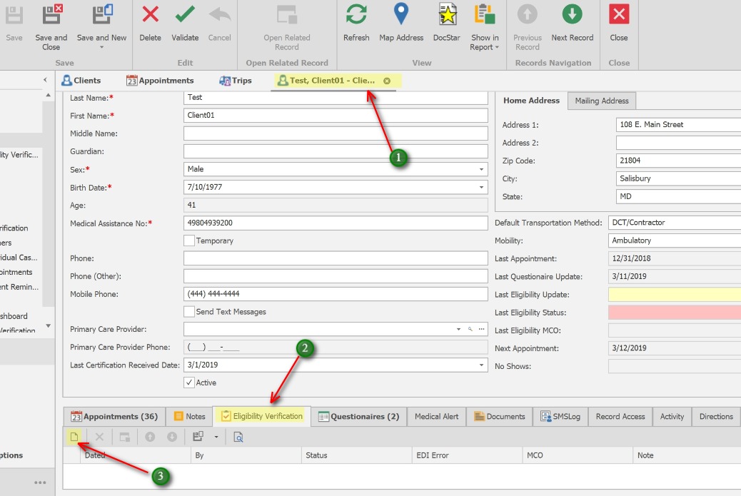 Create the Eligibility Verification record;1. Open the Client record
            2. Click the Eligibility Verification tab
            3. Click the New icon to create a new eligibility record