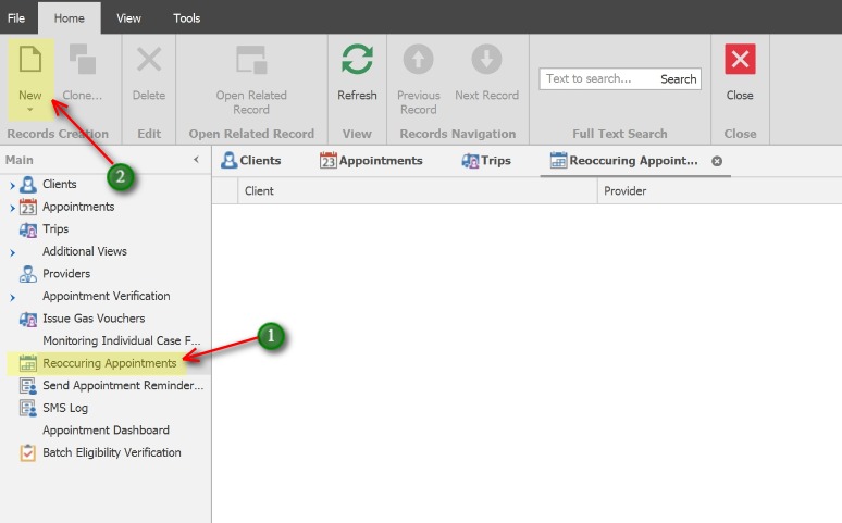 Create a new Reoccuring Appointment record;1. In the left Navigation panel, click Reoccuring Appointments to open the Reoccuring Appointments tab.
            2. Click the New icon to create a new reoccuring appointment record.