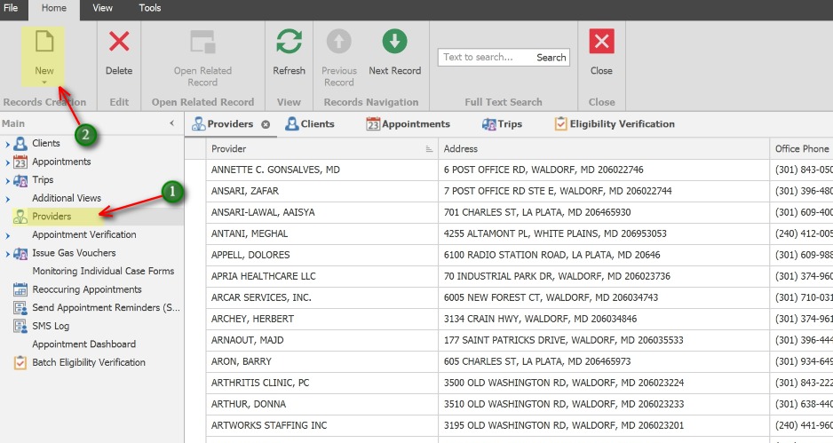 Add a New Provider;1. In the left Navigation panel, click on Providers to open the Provider tab.
            2. Click the New icon to add a new provider.
            
