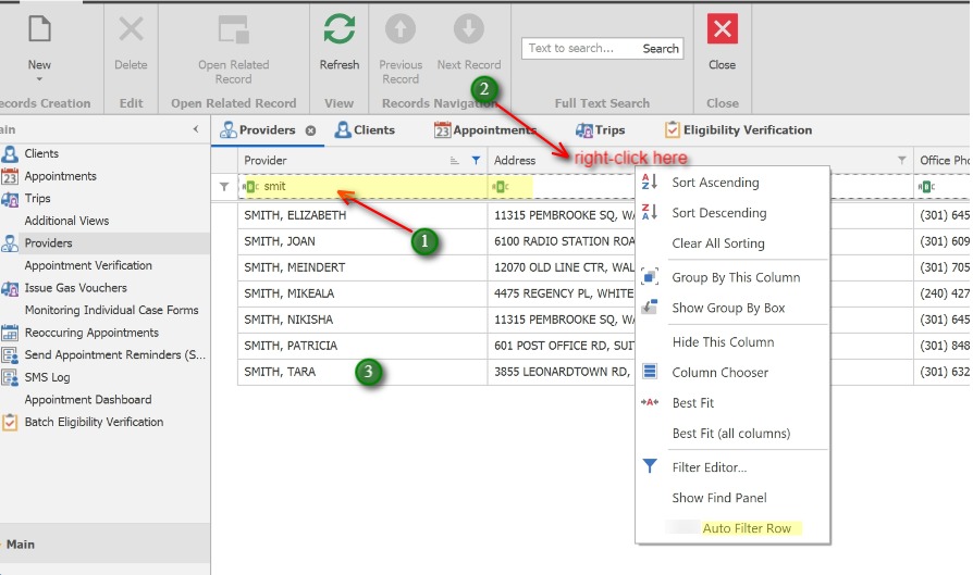 Edit a Provider record;1. Use the Auto-filter row to type the name of the Provider and locate the Provider in the List.
            2. ** If the Auto-filter row is turned off, or not visible, you may turn it on by right-clicking anywhere in any column heading and select "Show Auto-filter Row"
            3. Once the Provider is found, simply double-click the record to open it.
            
            