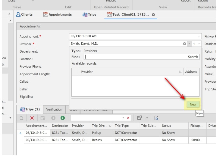 Add a Provider while Scheduling an Appointment;When scheduling a client appointment, if the Provider is new, or is unable to be located, a Provider can be added by clicking the New button in the Provider search button.
            