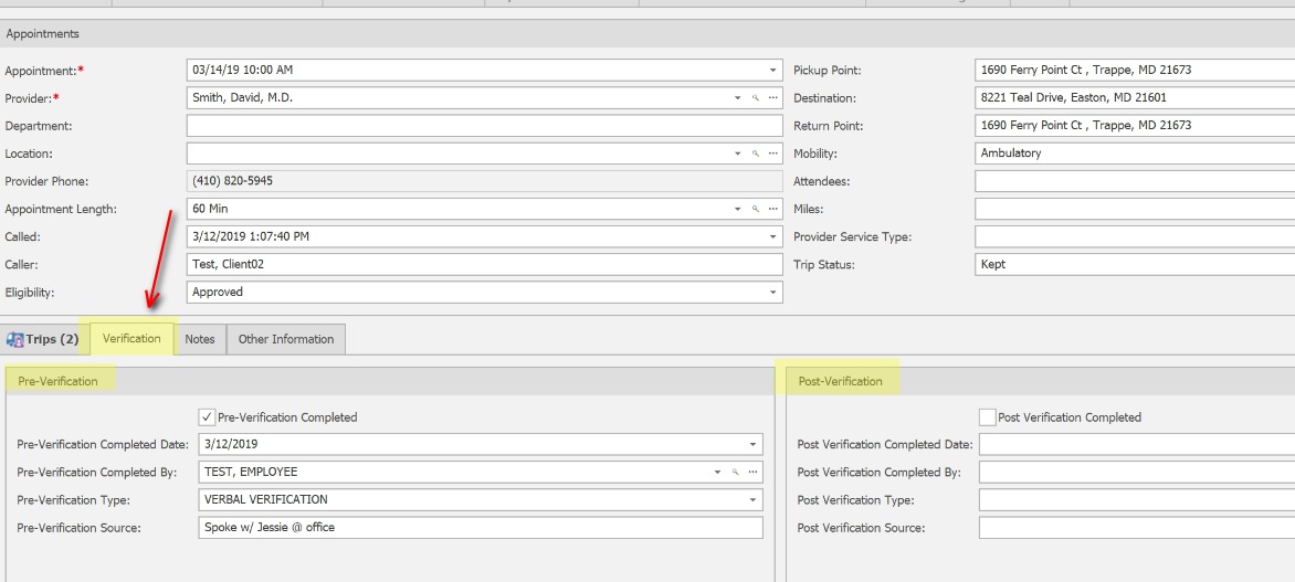 Verify an Individual Appointment;This option describes how to verify a single appointment.
            
            Open the Client's appointment, use the Verification tab to complete the Pre-Verification or the Post-Verification.
            