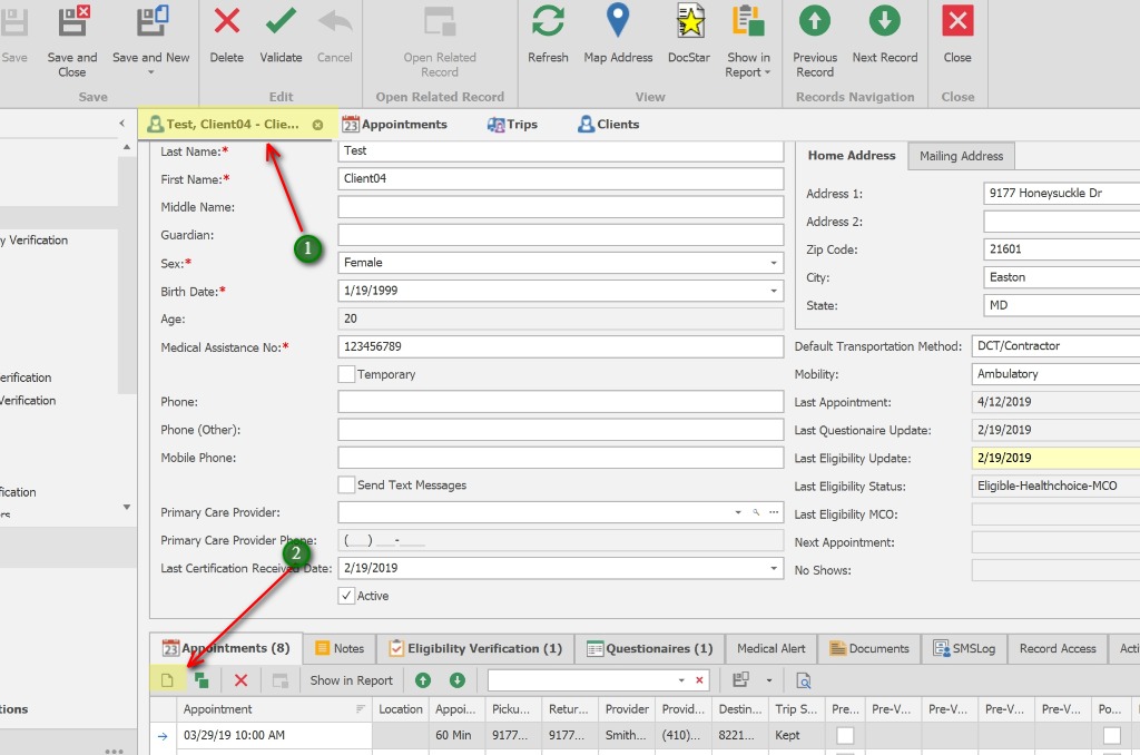 Open the Client Record;1. Open the Client record
            2. On the Appointments tab, click the 'New icon' to add a new appointment.