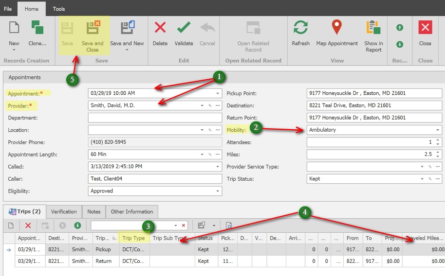 Create the Appointment;1. Select the Appointment Date, Time and Provider, and any other applicable fields for the appointment.
            2. Mobility - This will automatically populate based on the Client's Mobility (see Mobility field in the Client record)
            3. Trip Type - This will automatically populate based on the Client's Default Transportation Method (See Default Transportation Method field in the Client record). 
            **If the Client's default transportation Method is blank, the agency's default Trip Type will populate - See Administration > Trip Types 
            4. If applicable, update Information in the Trip records. i.e. Pick-up time, Driver, Vehicle, etc.
            5. Once complete, select Save to simply save the appointment, or Save and Close to save the appointment and close the appointment window, or Save and New to Save the Appointment and create another appointment for the same client.