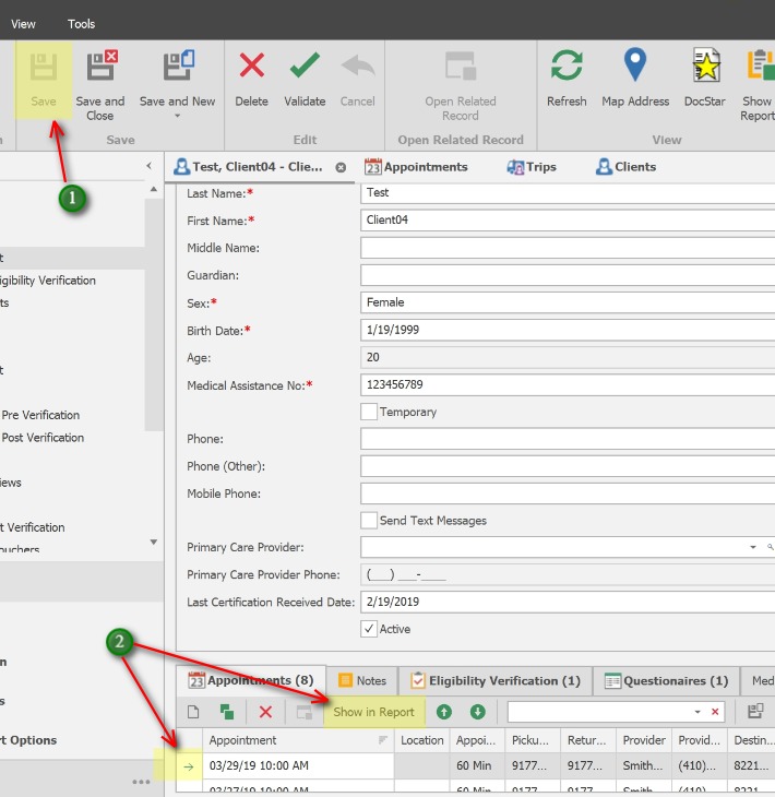 Print the Trip Slip/Ticket;1. After closing the Appointment window, click the Save button on the Client screen.
            2. Select/highlight the Appointment to Print, click the Show in Report button and print the Trip Ticket. 